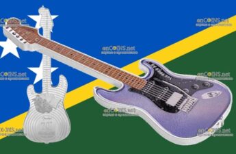 Монета 2 бакса Соломоновых островов - монета 2 доллара Гитара Fender Stratocaster