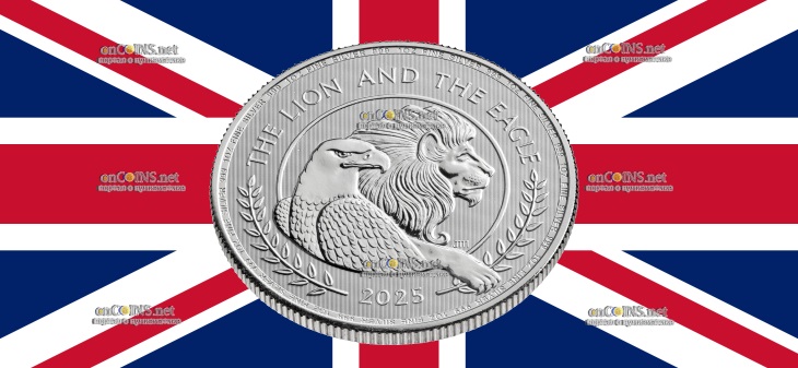 2 фунта Британия - монета 2 фунта Британский лев и американский орел