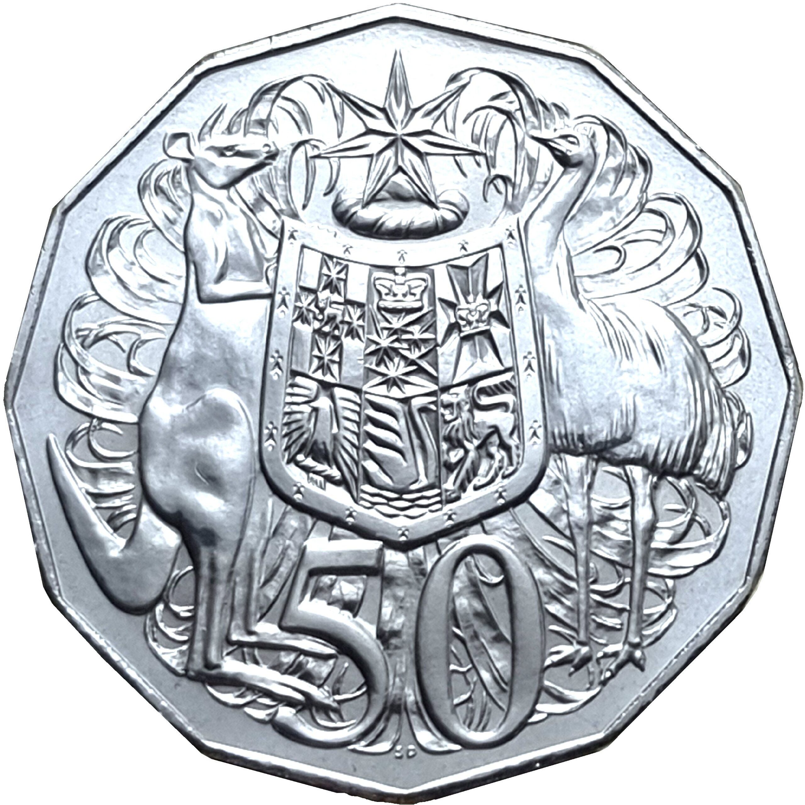 Пятьдесят центов Австралии - монета 50 центов Кенгуру и птица Эму, реверс