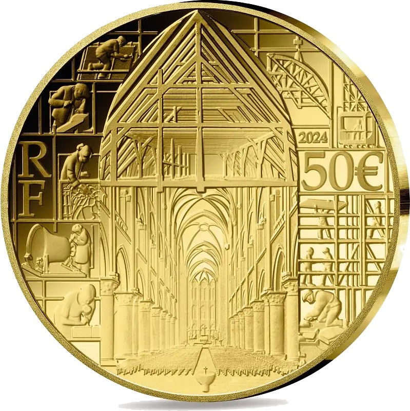 Золотые 50 евро Франции – монета 50 евро Нотр-Дам де Пари, аверс