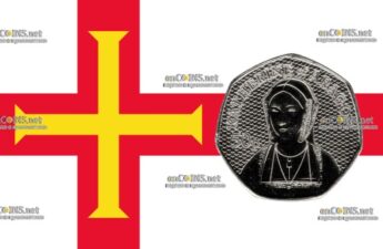 Медная монета пятьдесят пенсов Остров Гернси - монета 50 пенсов Екатерина Арагонская