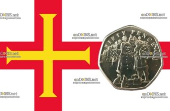 Монета пятьдесят пенсов Остров Гернси - монета 50 пенсов Снеговик и Дед Мороз