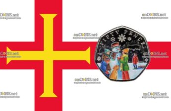 Цветная монета 50 пенсов Остров Гернси - монета 50 пенсов Снеговик и Дети