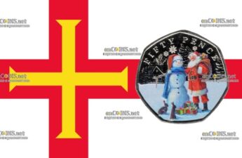 Цветная монета пятьдесят пенсов Остров Гернси - монета 50 пенсов Снеговик и Дед Мороз