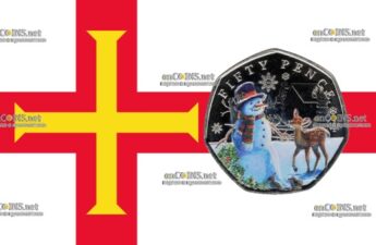 Цветные 50 пенсов Остров Гернси - монета 50 пенсов Снеговик и Бемби