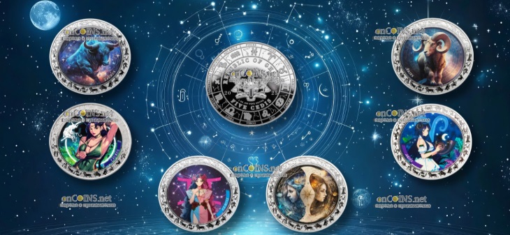 Серебряные монеты Ганы - серию монет 5 седи ANIME & SPACE ZODIAC