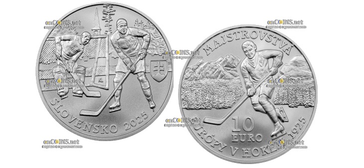 Монета 10 евро Словакии - 100 лет ЧЕ по Хоккею в 1925 году