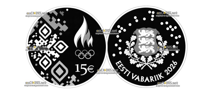 Монета Эстонии 15 евро ОИ Milano – Cortina 2026