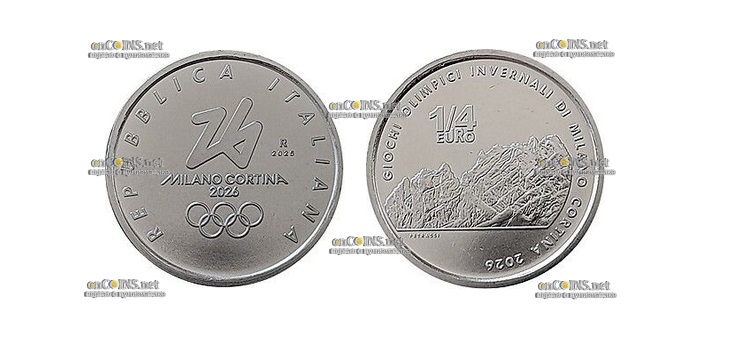 Медная монета Италии ¼ евро Олимпиада Milano Cortina 2026