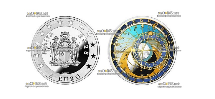 Монета 5 евро Мальты Пражские городские часыМонета 5 евро Мальты Пражские городские часы