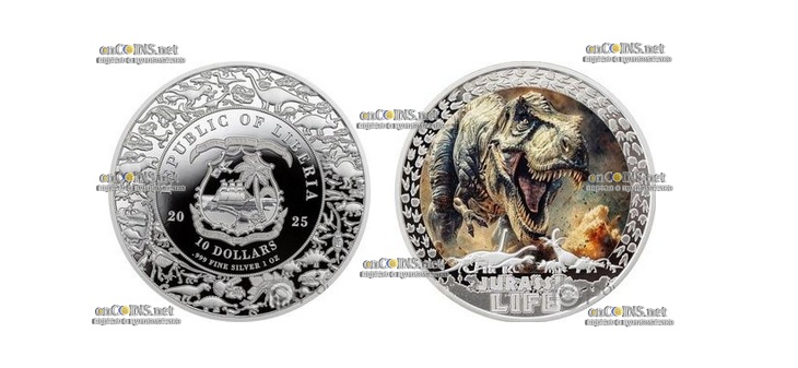 Монета Либерии 10$ T-Rex