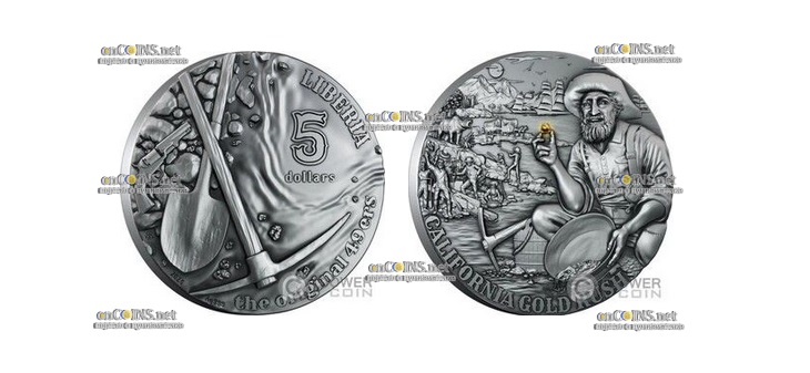 Серебряная монета 5 долларов Либерии Золотая Калифорнийская лихорадка