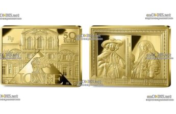 Золотая французская монета 50 евро портреты Мартена Солманса и Опьен Коппит
