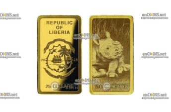 Золотая монета 25 Dollars Либерии Детеныш носорога