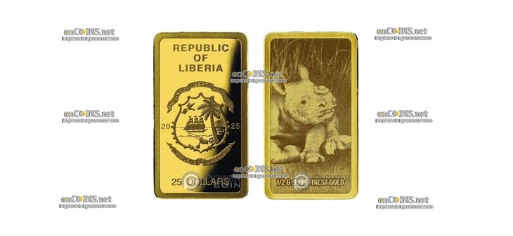Золотая монета 25 Dollars Либерии Детеныш носорога