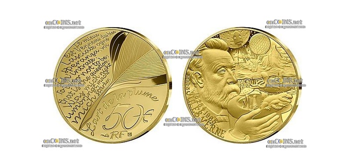 Золотая монета 50 евро Франции Жюль Верн