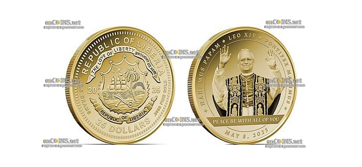 Золото монета 25 долларов Либерии Папа Лев XIV