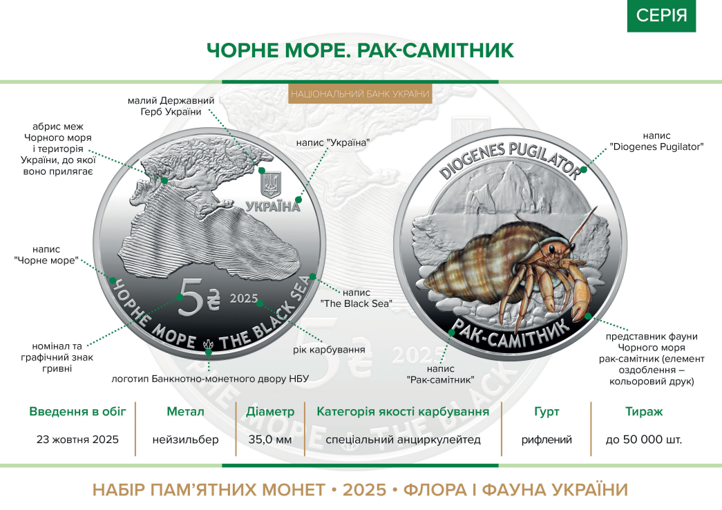 Монета 5 гривен Украины Рак-отшельник