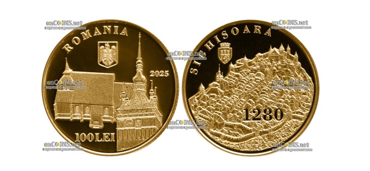 Золотая монета 100 леев Румынии Сигишоара