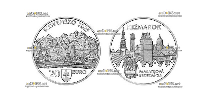 Монета 20 евро Словакии Центр города Кежмарок