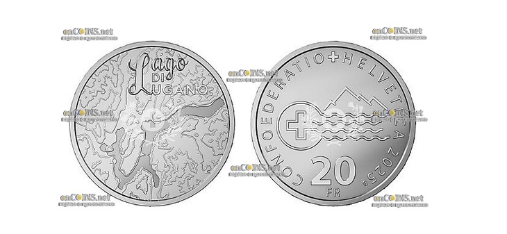 Монета 20 франков Швейцарии Озеро Лугано