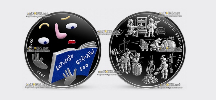 Монета 5 евро Латвии 500 лет Латышской Книге