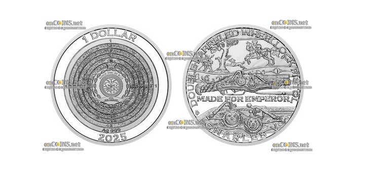 Монета доллар Ниуэ двуствольный колесцовый пистолет