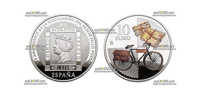 Монета Испании 10 евро 175-летие первого испанского почтового маркирования