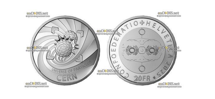 Монета Швейцарии 20 франков CERN и Большой адронный коллайдер