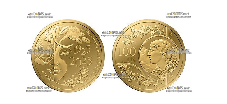 Монета Швейцарии 100 Francs Вренели - золотая монета