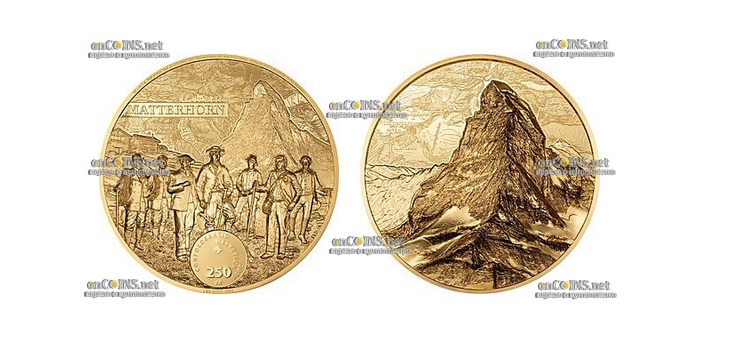 Золотая монета Швейцарии 250 франков Пик Маттерхорн
