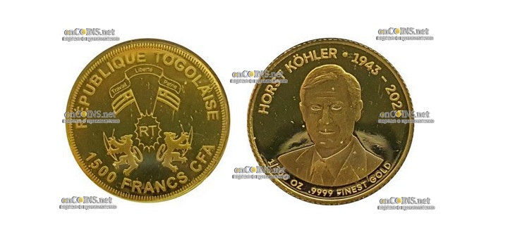 Золотая монета Того 1500 франков КФА Президент ФРГ Хорст Кёлер