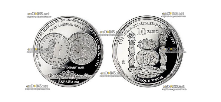 Монета €10 Испании Первый американский доллар